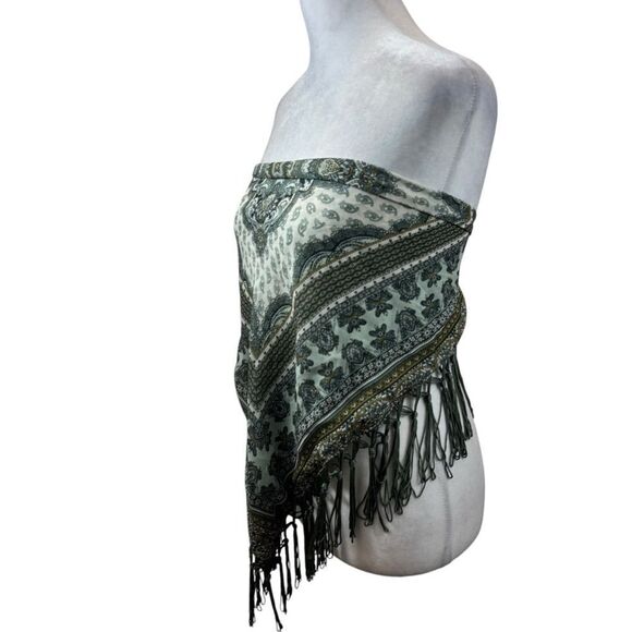 Ladies Moss Green and White Fringe End Printed Loop Scarf One Size - Picture 3 of 14
